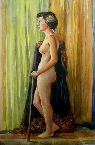 WR Watkins nude with cane (watercolor)